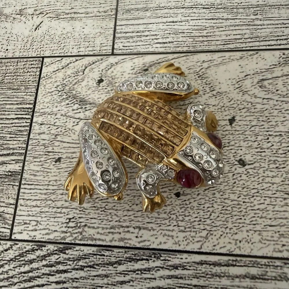 Vintage Two-Tone Frog Pin Brooch Pavé Rhinestone Red Cabochon Eyes Figural